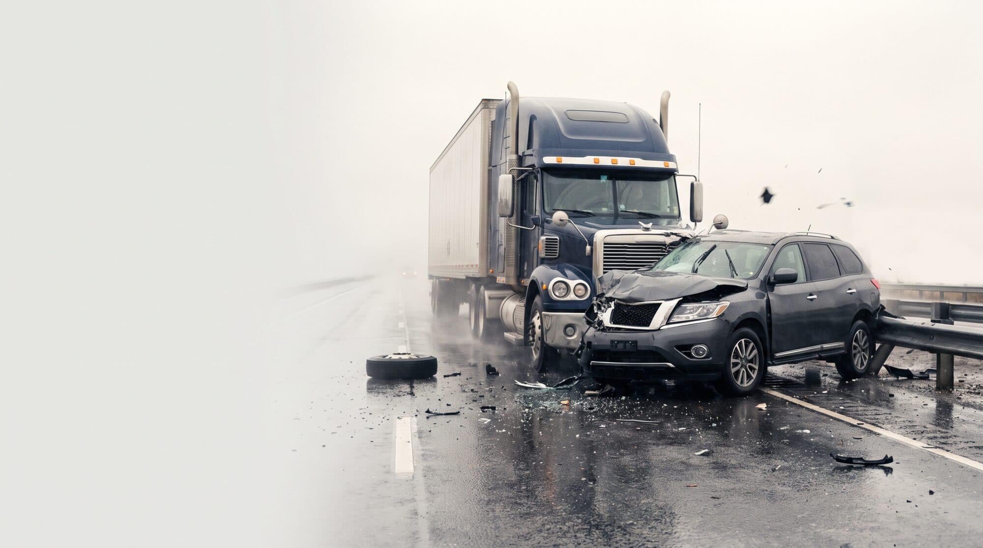 A semi truck that has collided with an SUV on a wet highway